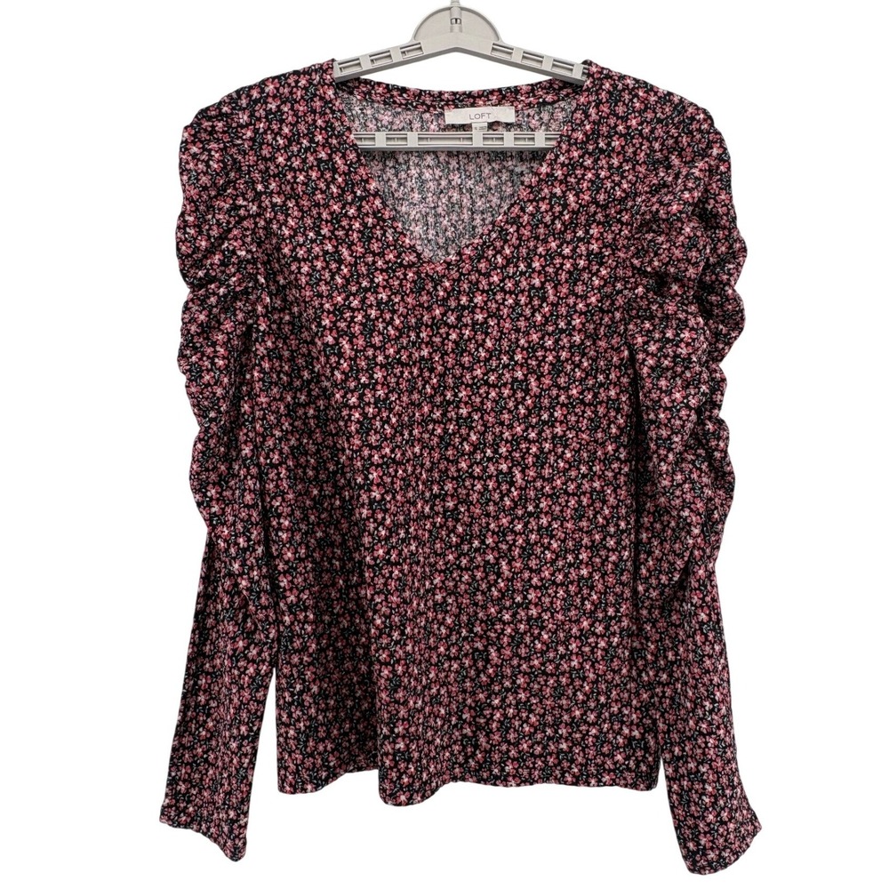 Loft Top Women XL Black Pink Floral Puff Sleeve V-Neck Ruched Long Sleeve Blouse